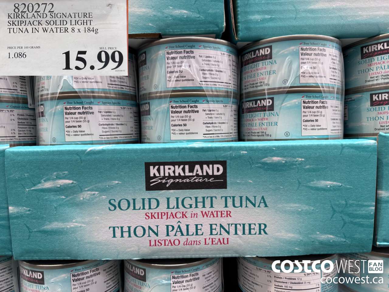 820272 KIRKLAND SIGNATURE SKIPJACK SOLID LIGHT TUNA IN WATER 8 x 184g $15.99