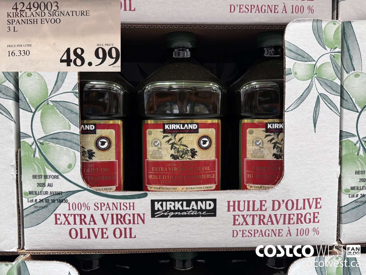 4249003 KIRKLAND SIGNATURE SPANISH EVOO 3L $48.99