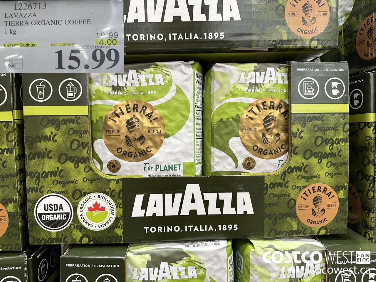 1226713 LAVAZZA TIERRA ORGANIC COFFEE 1 KG ($4.00 INSTANT SAVINGS EXPIRES ON 2024-06-23) $15.99