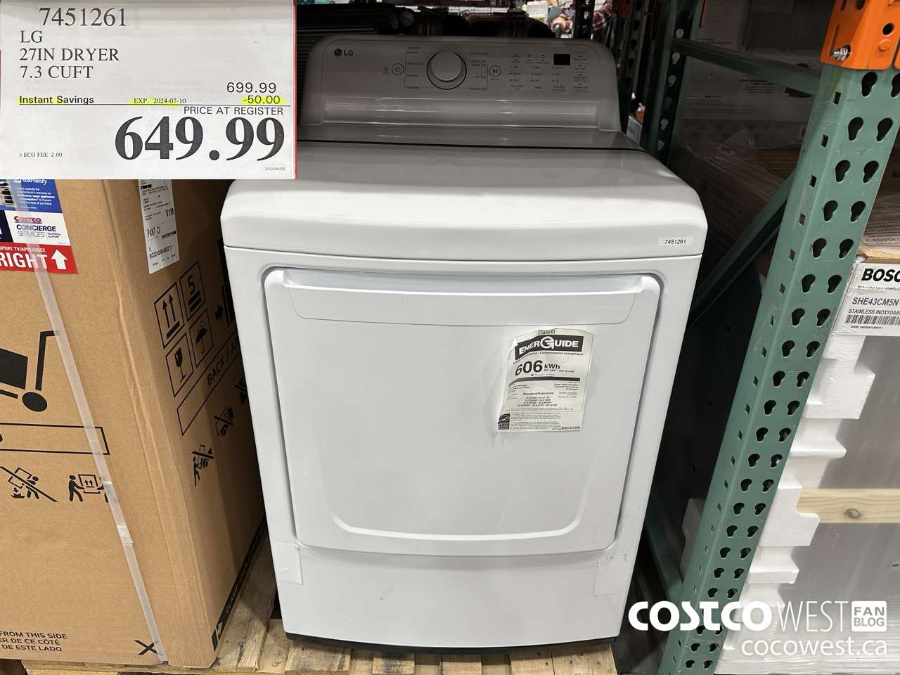 7451261 LG 27IN 7.3 CU. FT DRYER ($50.00 INSTANT SAVINGS EXPIRES ON 2024-07-10) $649.99