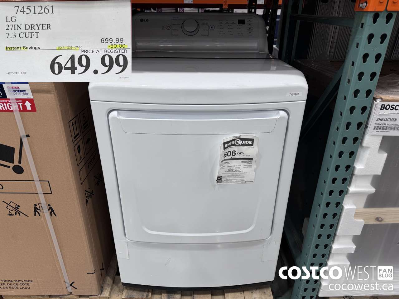 7451261 LG 27IN 7.3 CU. FT DRYER ($50.00 INSTANT SAVINGS EXPIRES ON 2024-07-10) $649.99