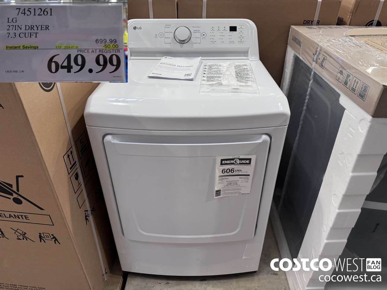 7451261 LG 27IN 7.3 CU. FT DRYER ($50.00 INSTANT SAVINGS EXPIRES ON 2024-07-10) $649.99