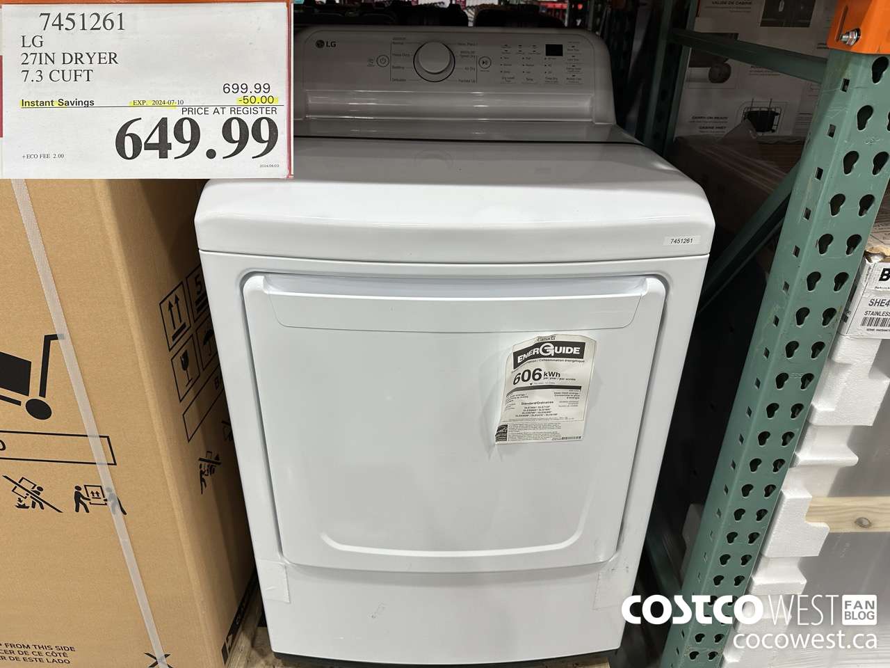 7451261 LG 27IN 7.3 CU. FT DRYER ($50.00 INSTANT SAVINGS EXPIRES ON 2024-07-10) $649.99