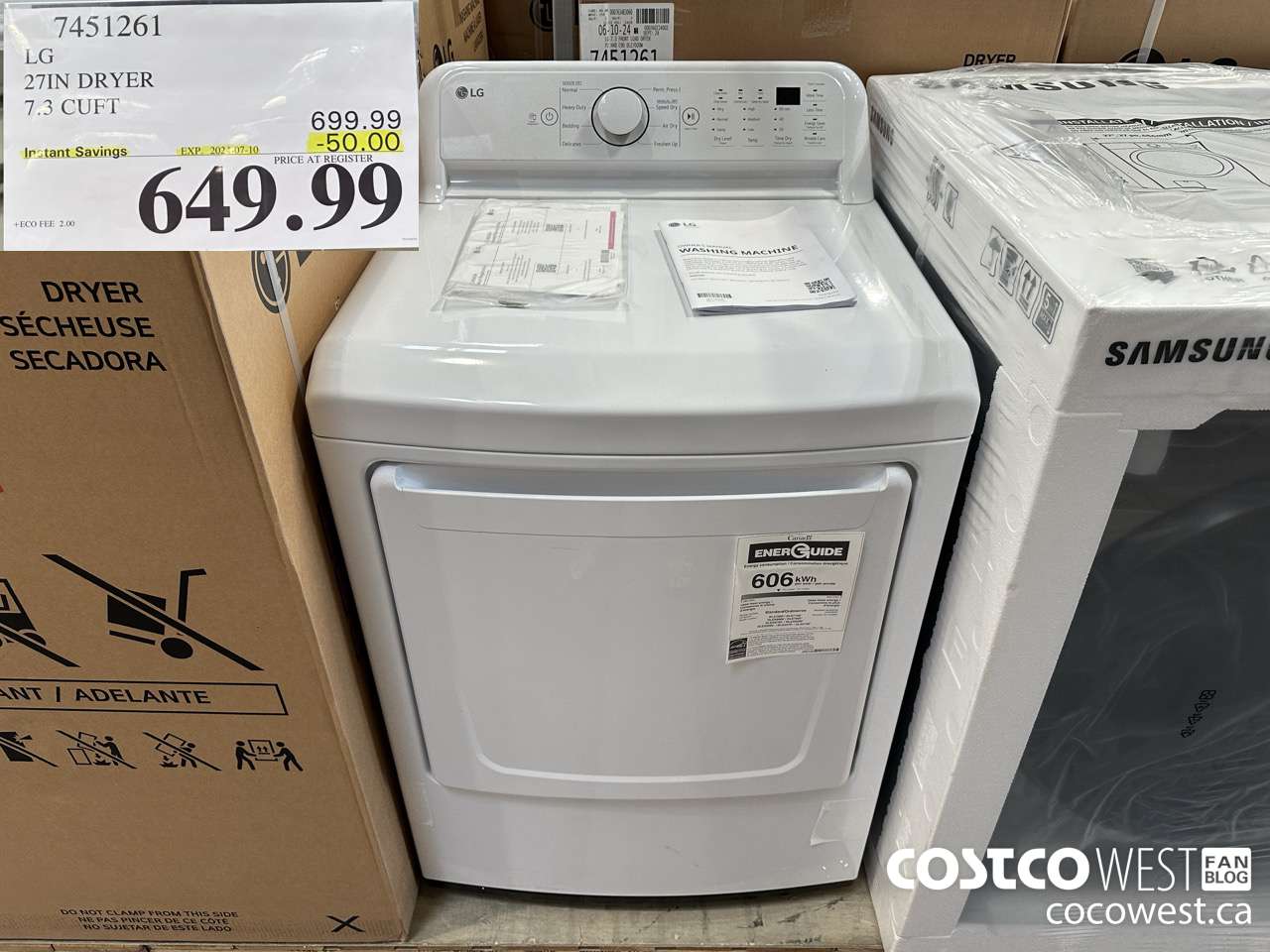 7451261 LG 27IN 7.3 CU. FT DRYER ($50.00 INSTANT SAVINGS EXPIRES ON 2024-07-10) $649.99