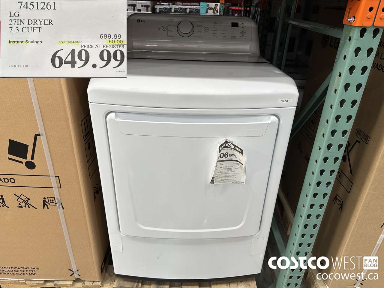 7451261 LG 27IN 7.3 CU. FT DRYER ($50.00 INSTANT SAVINGS EXPIRES ON 2024-07-10) $649.99