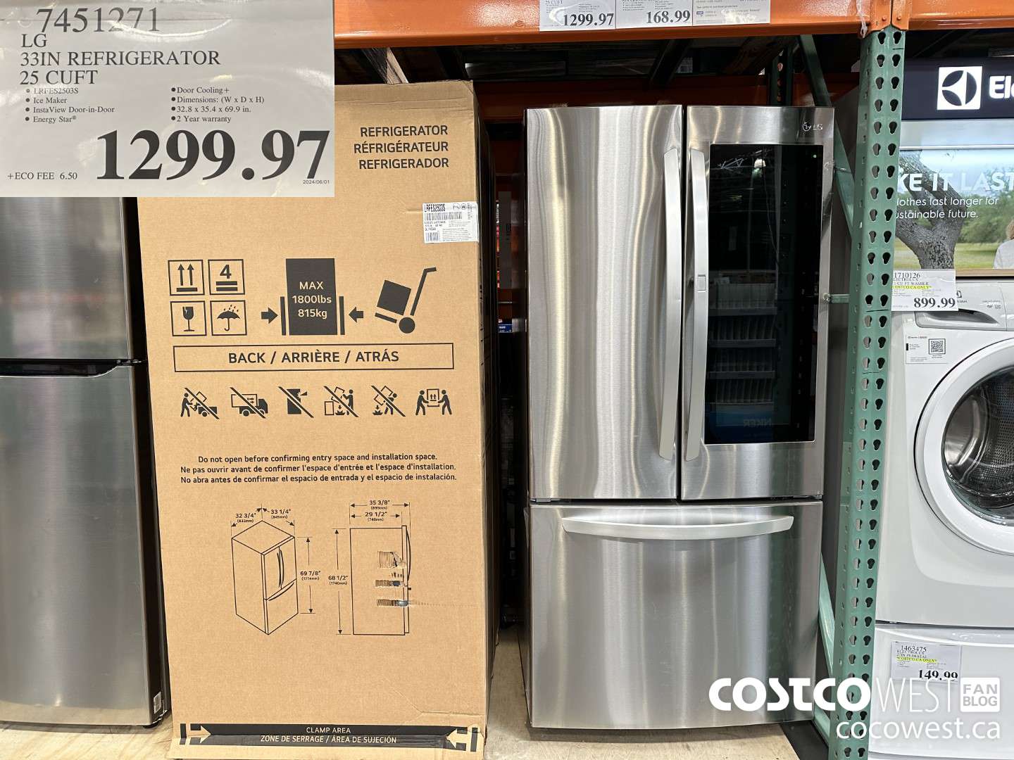 7451271 LG 33 IN. REFRIGERATOR 25 CU. FT. $1299.97