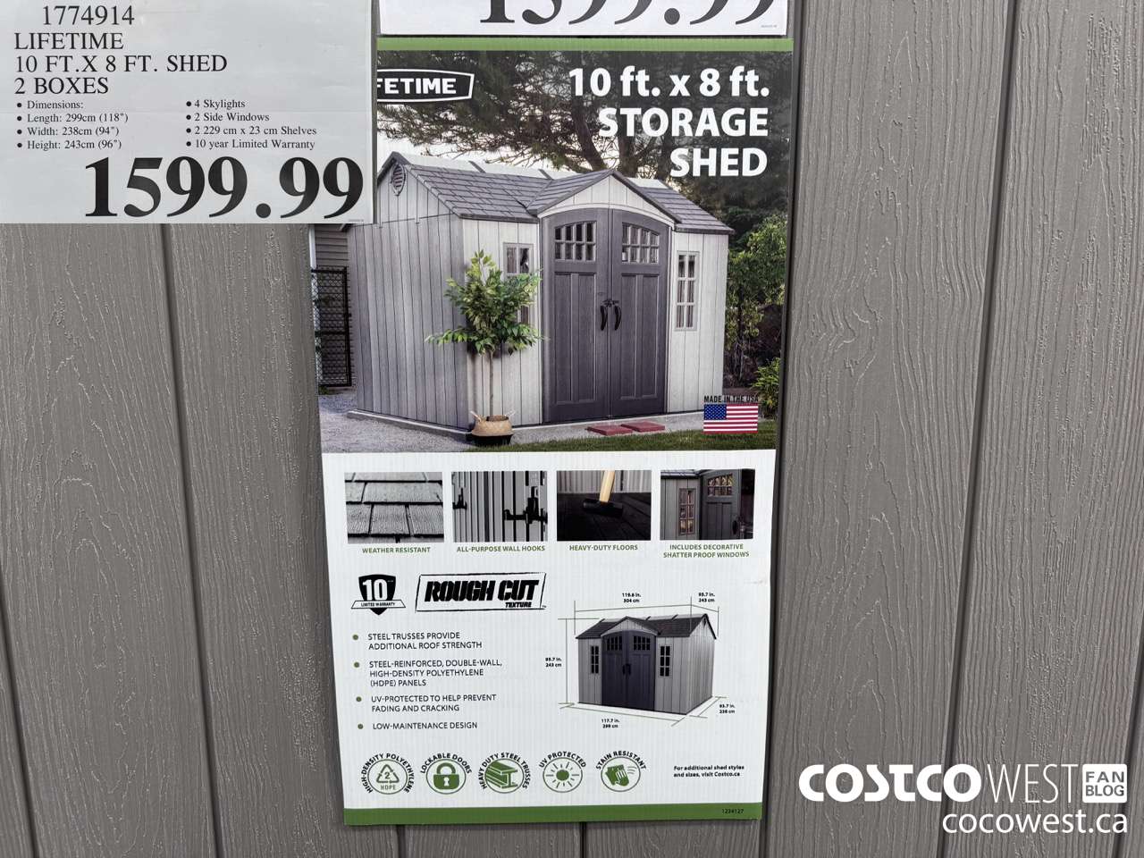 1774914 LIFETIME 10FT X 8FT SHED 2 BOXES $1599.99
