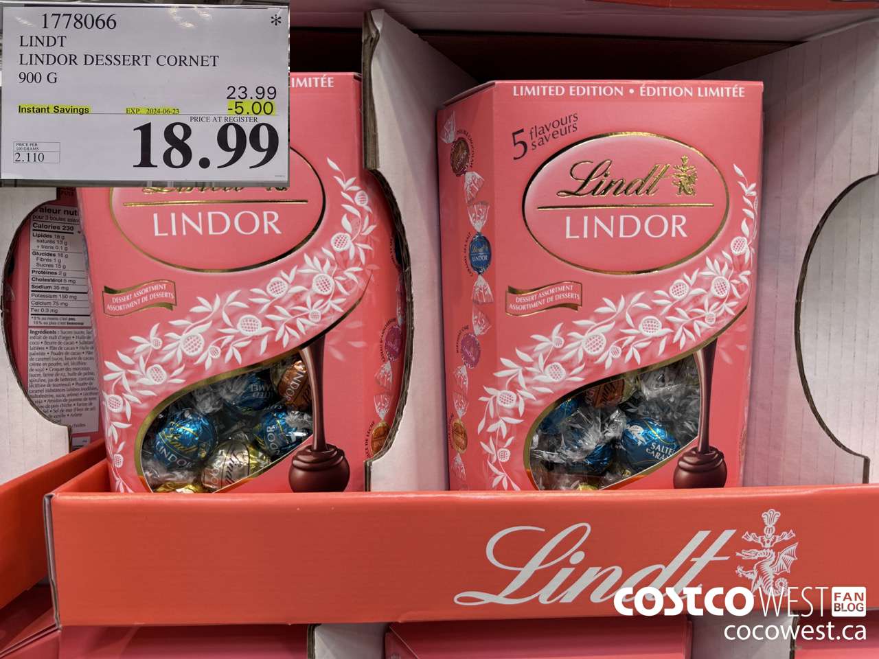1778066 LINDT LINDOR DESSERT CORNET 900G ($5.00 INSTANT SAVINGS EXPIRES ON 2024-06-23) $18.99