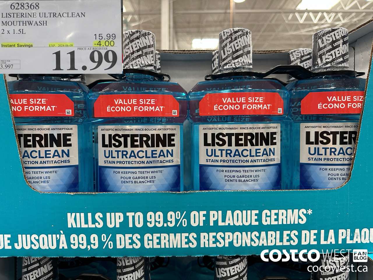 628368 LISTERINE ULTRACLEAN MOUTHWASH 2 X 1.5L ($4.00 INSTANT SAVINGS EXPIRES ON 2024-06-09) $11.99
