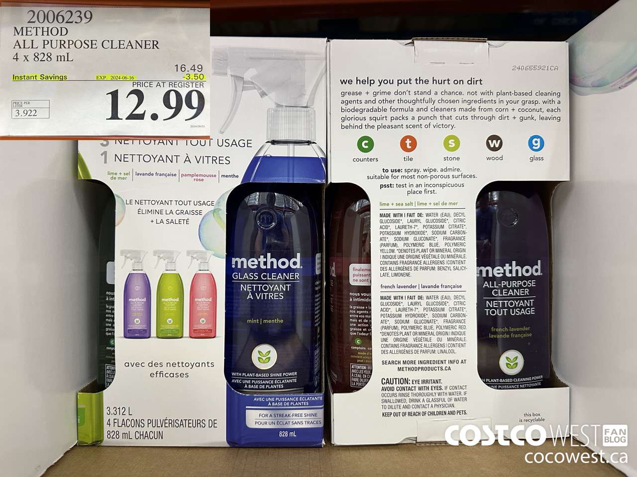 2006239 METHOD ALL PURPOSE CLEANER 4 x 828 mL ($3.50 INSTANT SAVINGS EXPIRES ON 2024-06-16) $12.99