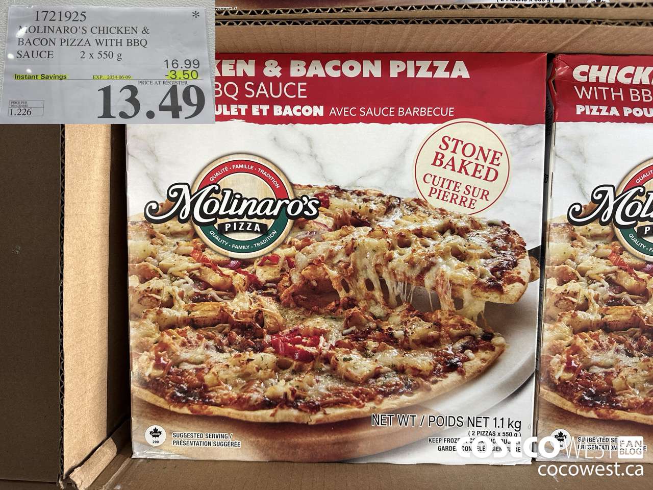 1721925 MOLINARO'S CHICKEN & BACON PIZZA WITH BBQ SAUCE 2x550g ($3.50 INSTANT SAVINGS EXPIRES ON 2024-06-09) $13.49
