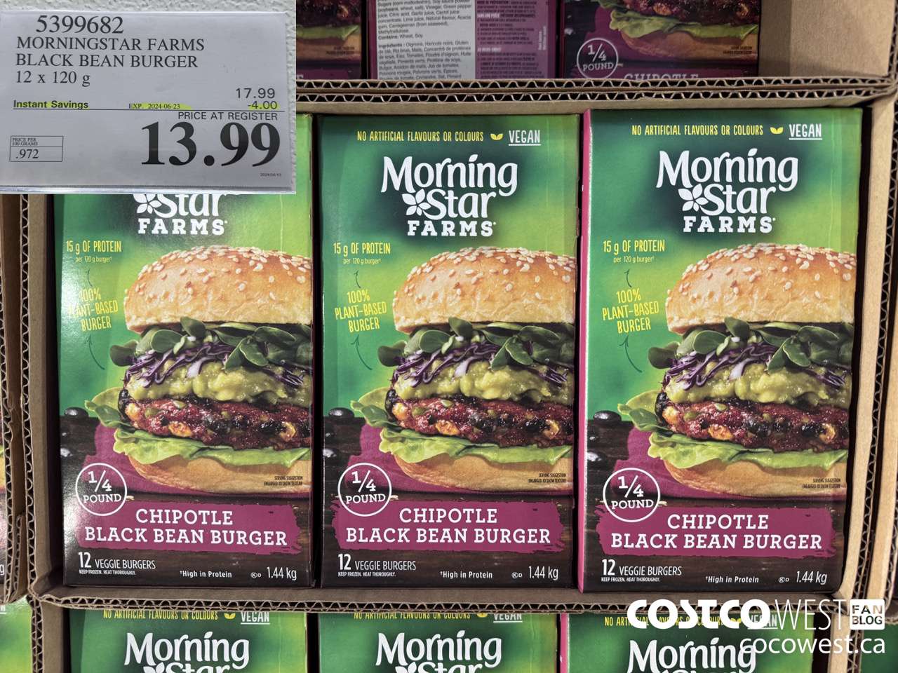 5399682 MORNINGSTAR FARMS BLACK BEAN BURGER 12 x 120g ($4.00 INSTANT SAVINGS EXPIRES ON 2024-06-23) $13.99