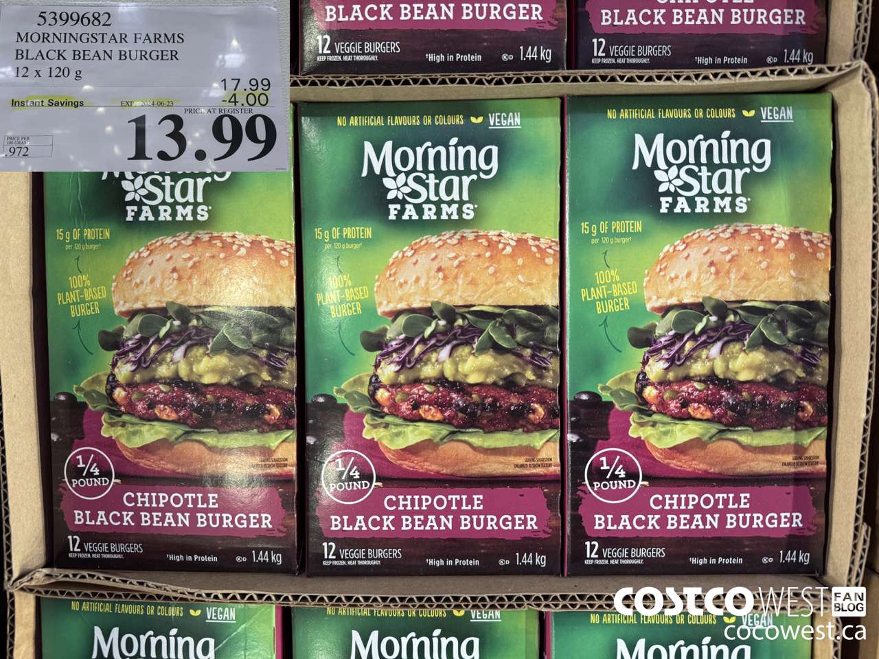 5399682 MORNINGSTAR FARMS BLACK BEAN BURGER 12 x 120g ($4.00 INSTANT SAVINGS EXPIRES ON 2024-06-23) $13.99