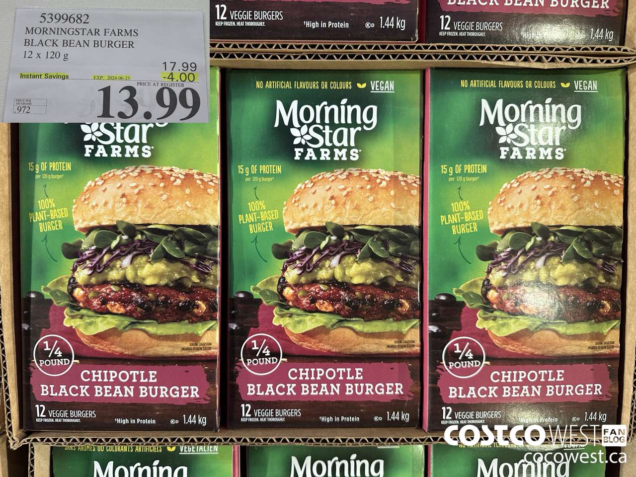 5399682 MORNINGSTAR FARMS BLACK BEAN BURGER 12 x 120g ($4.00 INSTANT SAVINGS EXPIRES ON 2024-06-23) $13.99
