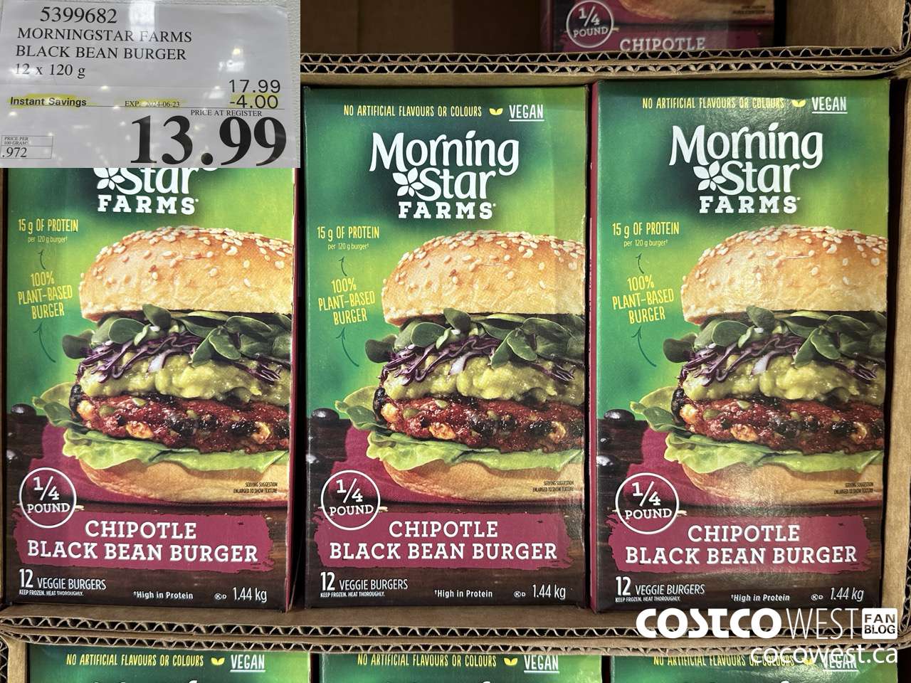 5399682 MORNINGSTAR FARMS BLACK BEAN BURGER 12 x 120g ($4.00 INSTANT SAVINGS EXPIRES ON 2024-06-23) $13.99