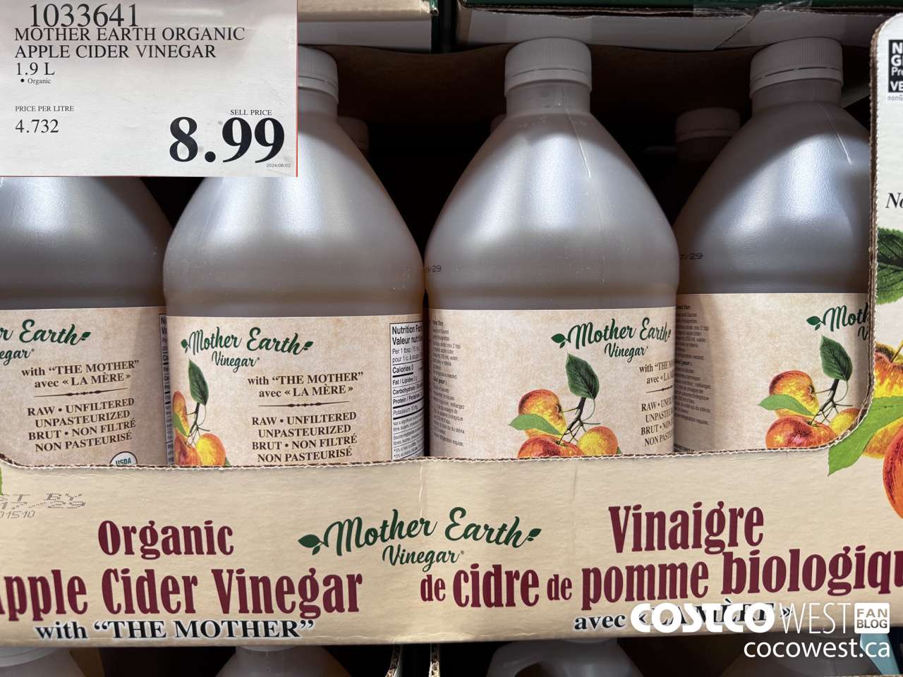 1033641 MOTHER EARTH ORGANIC APPLE CIDER VINEGAR 1.9L $8.99