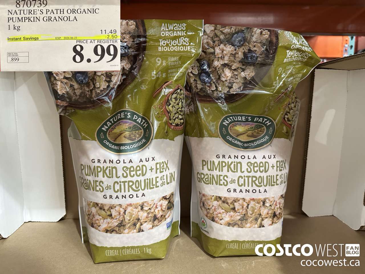 870739 NATURE'S PATH PUMPKIN GRANOLA 1KG ($2.50 INSTANT SAVINGS EXPIRES ON 2024-06-23) $8.99