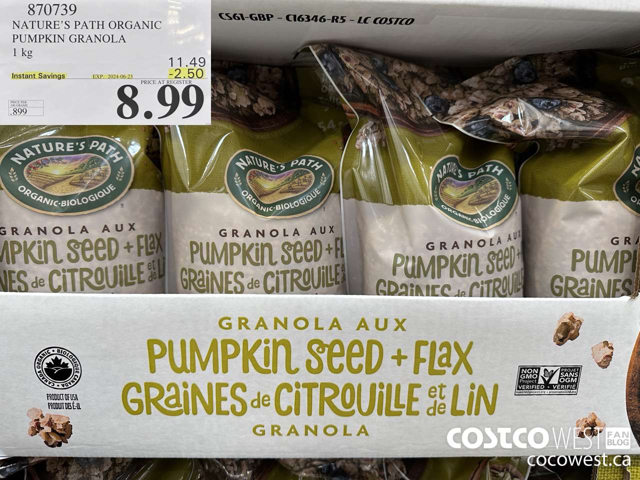 870739 NATURE'S PATH PUMPKIN GRANOLA 1KG ($2.50 INSTANT SAVINGS EXPIRES ON 2024-06-23) $8.99