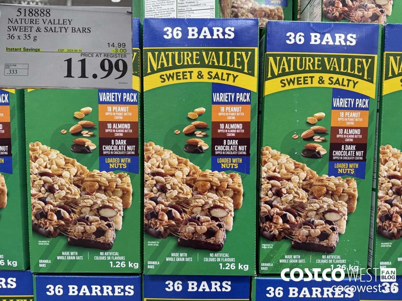 518888 NATURE VALLEY SWEET & SALTY BARS 36 X 35 G ($3.00 INSTANT SAVINGS EXPIRES ON 2024-06-30) $11.99