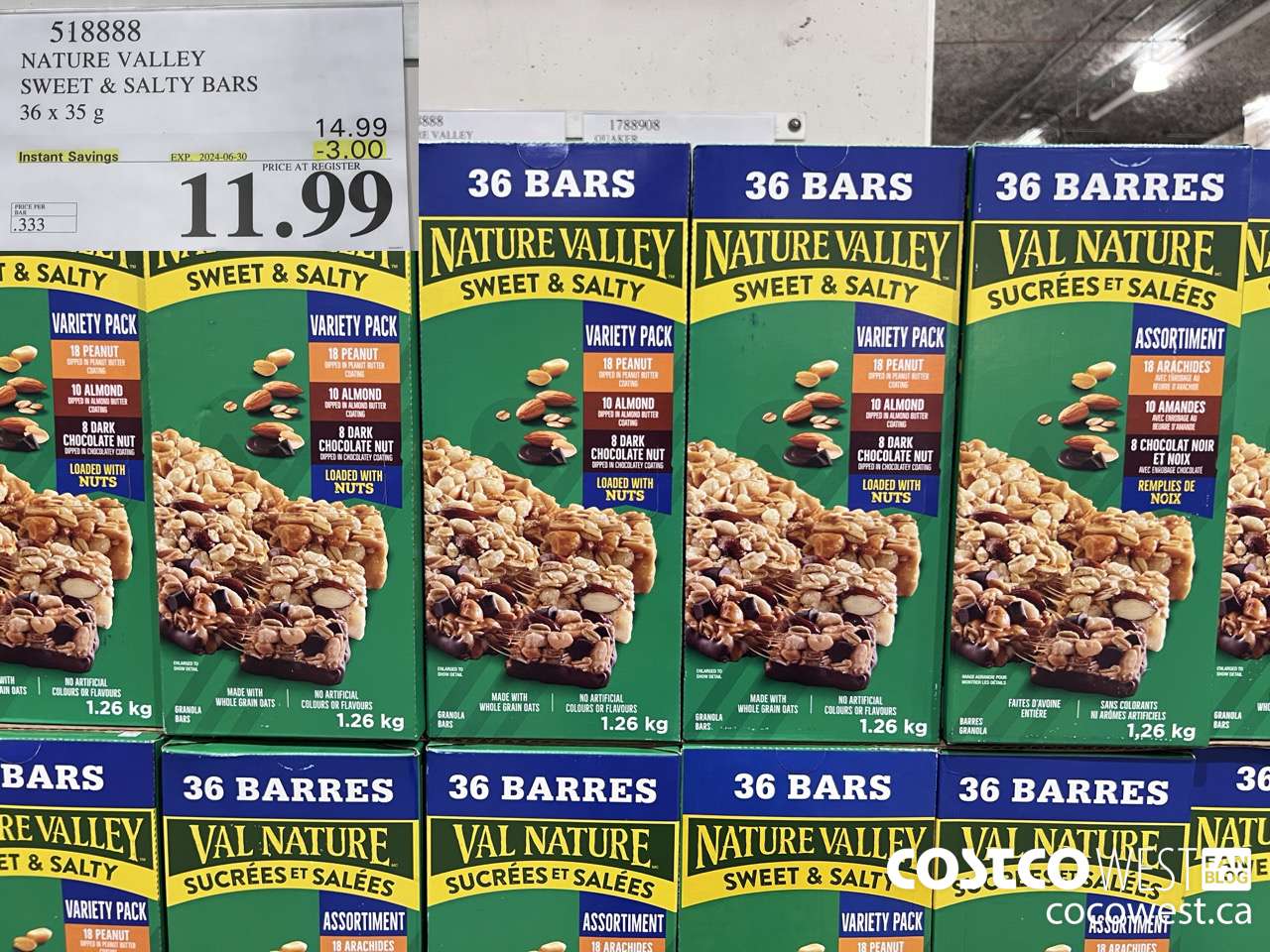 518888 NATURE VALLEY SWEET & SALTY BARS 36 X 35 G ($3.00 INSTANT SAVINGS EXPIRES ON 2024-06-30) $11.99