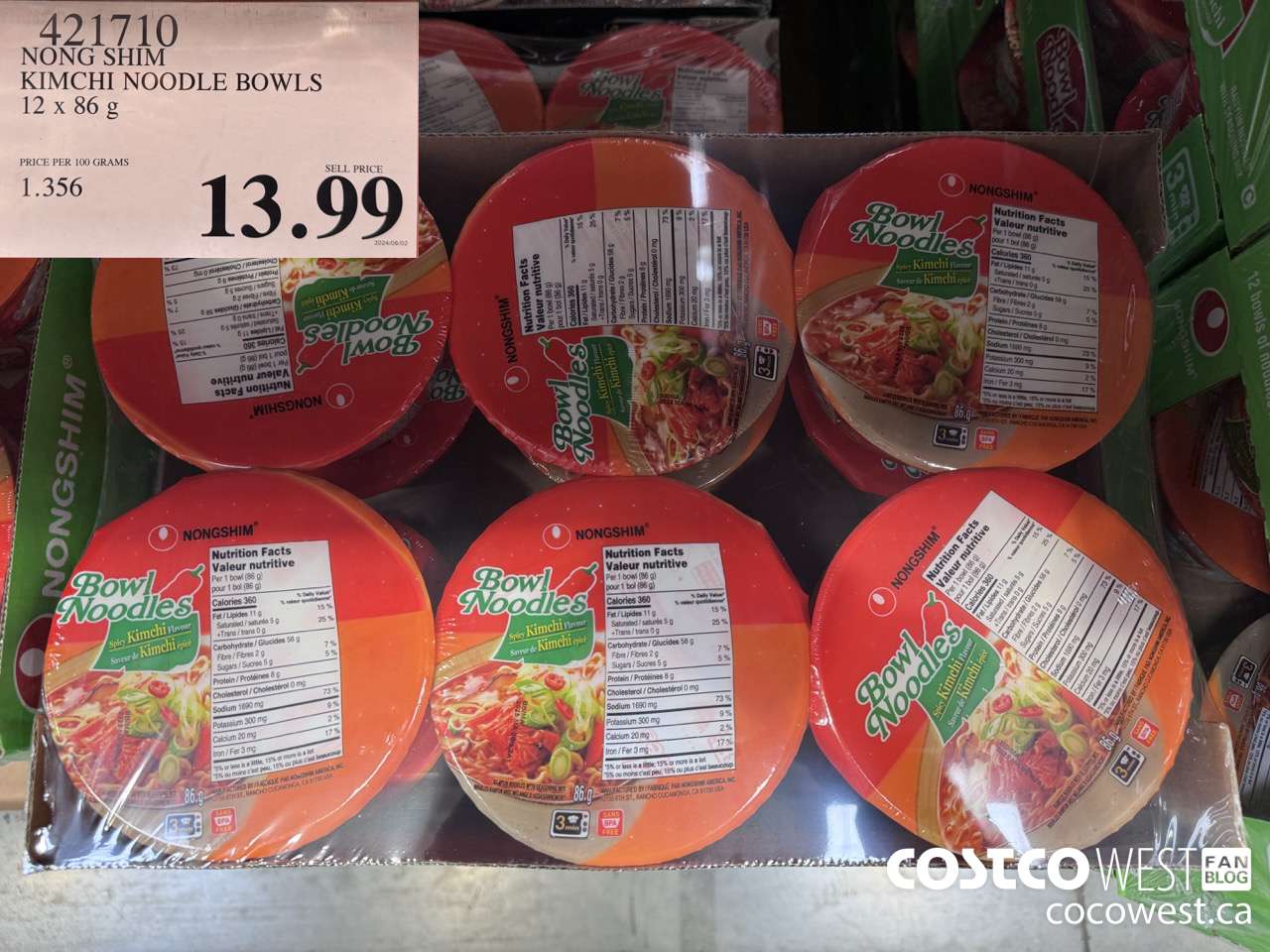 421710 NONG SHIM KIMCHI NOODLE BOWLS 12 x 86g $13.99