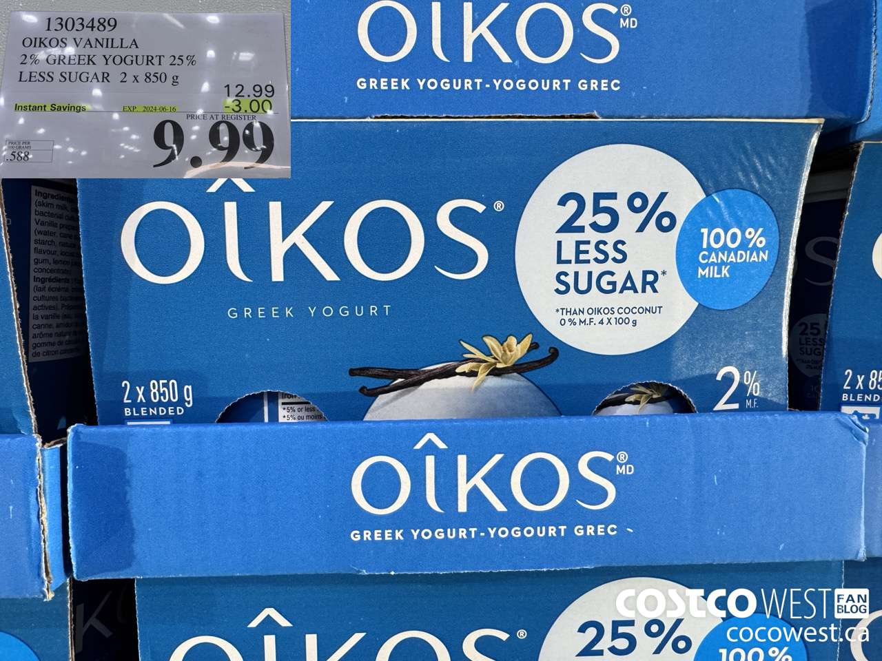 1303489 OIKOS VANILLA 2 % GREEK YOGURT 25% LESS SUGAR 2 x 850 g ($3.00 INSTANT SAVINGS EXPIRES ON 2024-06-16) $9.99