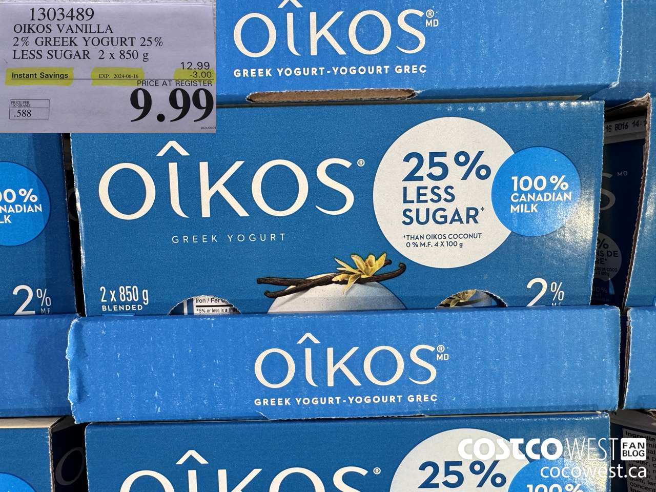 1303489 OIKOS VANILLA 2 % GREEK YOGURT 25% LESS SUGAR 2 x 850 g ($3.00 INSTANT SAVINGS EXPIRES ON 2024-06-16) $9.99