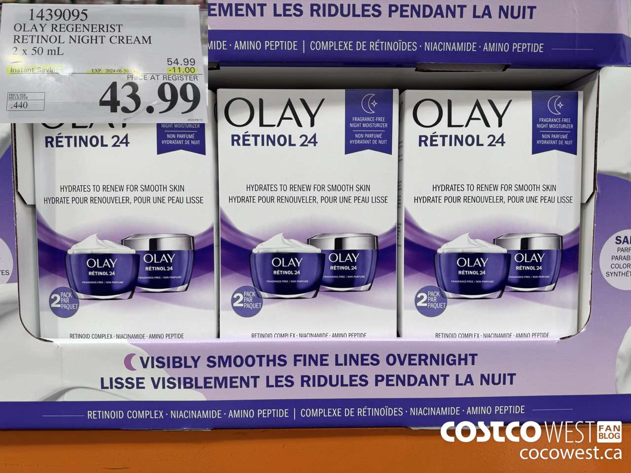 1439095 OLAY REGENERIST RETINOL24 NIGHT CREAM 2 x 50 mL ($11.00 INSTANT SAVINGS EXPIRES ON 2024-06-30) $43.99