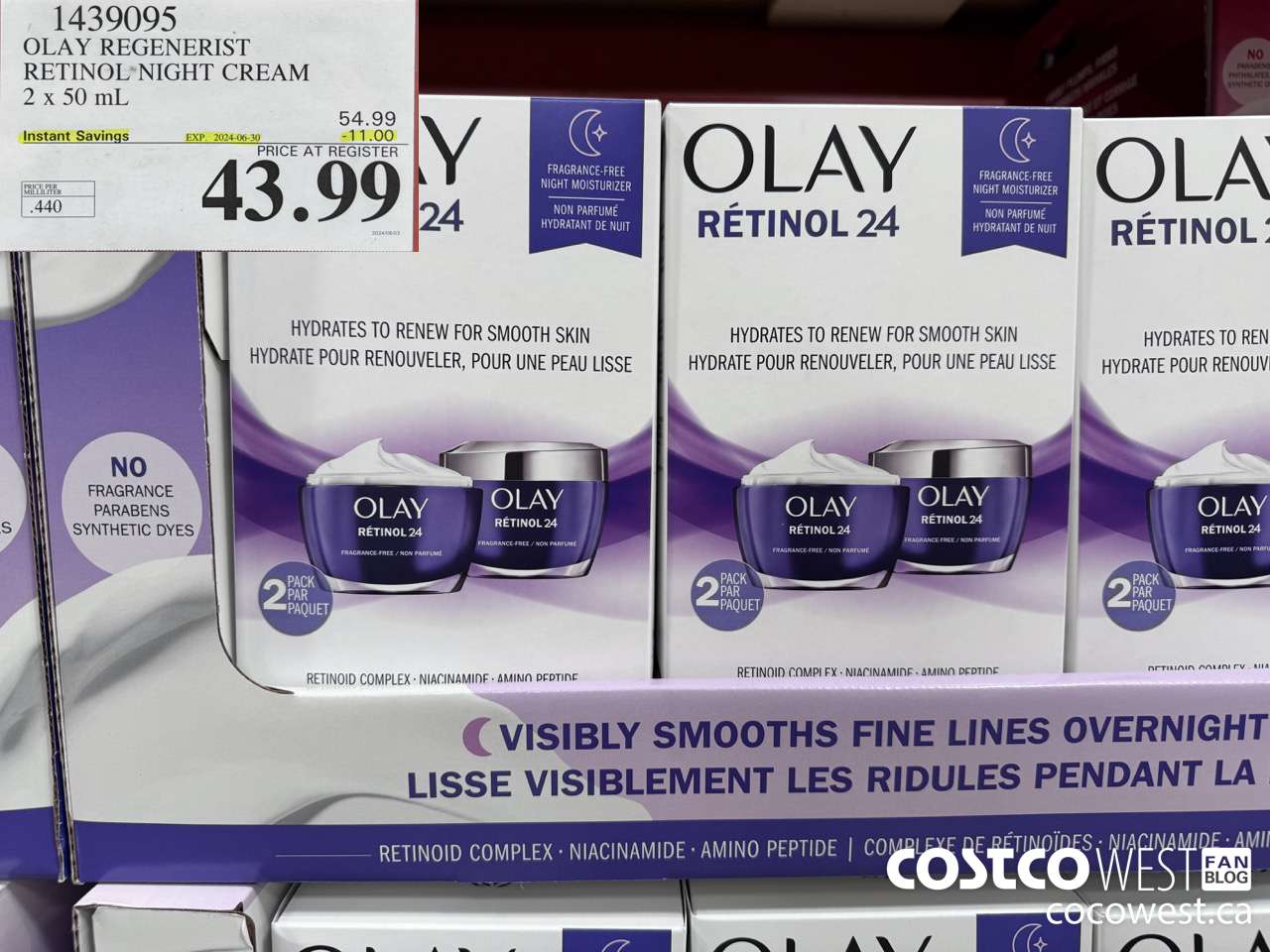 1439095 OLAY REGENERIST RETINOL24 NIGHT CREAM 2 x 50 mL ($11.00 INSTANT SAVINGS EXPIRES ON 2024-06-30) $43.99