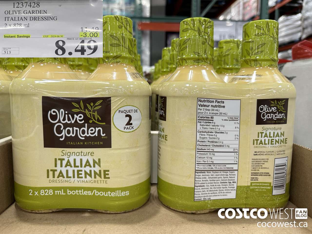 1237428 OLIVE GARDEN ITALIAN DRESSING 2 X 828ML ($3.00 INSTANT SAVINGS EXPIRES ON 2024-06-30) $8.49