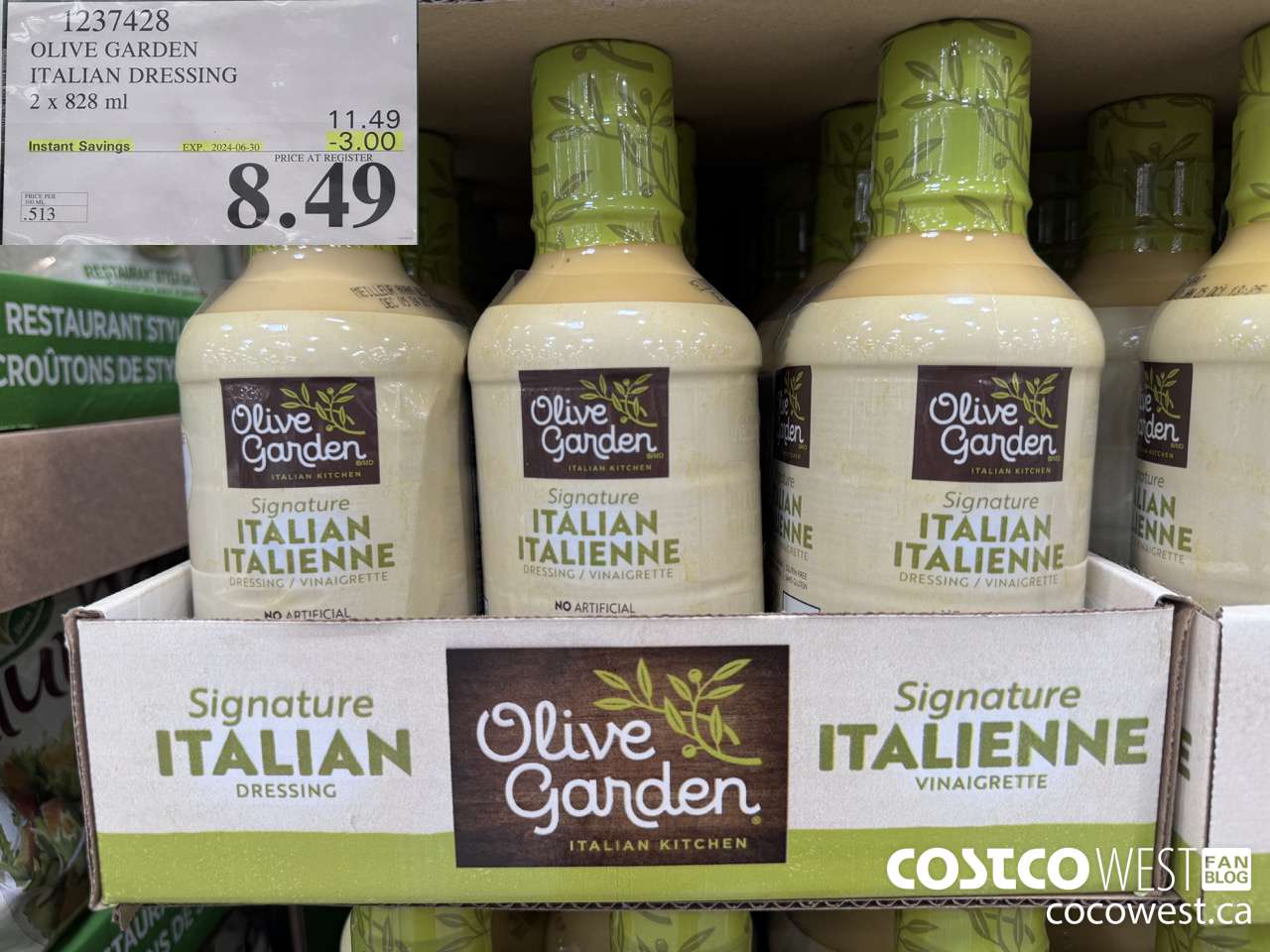1237428 OLIVE GARDEN ITALIAN DRESSING 2 X 828ML ($3.00 INSTANT SAVINGS EXPIRES ON 2024-06-30) $8.49