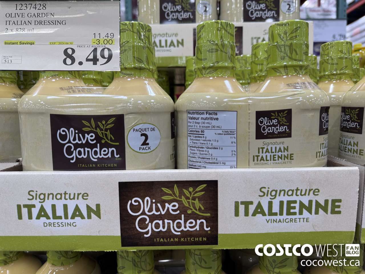 1237428 OLIVE GARDEN ITALIAN DRESSING 2 X 828ML ($3.00 INSTANT SAVINGS EXPIRES ON 2024-06-30) $8.49