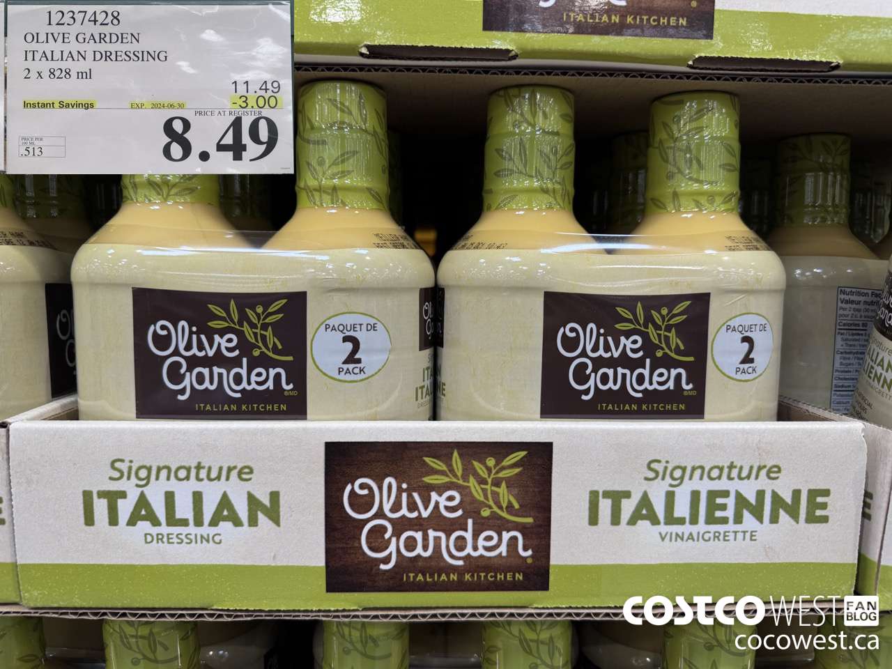 1237428 OLIVE GARDEN ITALIAN DRESSING 2 X 828ML ($3.00 INSTANT SAVINGS EXPIRES ON 2024-06-30) $8.49