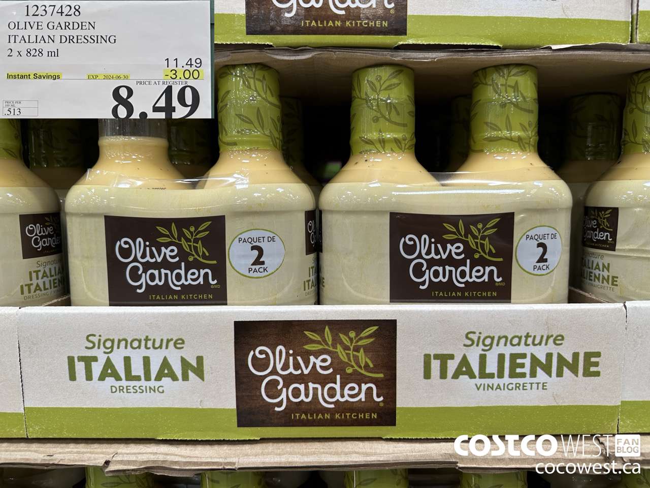 1237428 OLIVE GARDEN ITALIAN DRESSING 2 X 828ML ($3.00 INSTANT SAVINGS EXPIRES ON 2024-06-30) $8.49