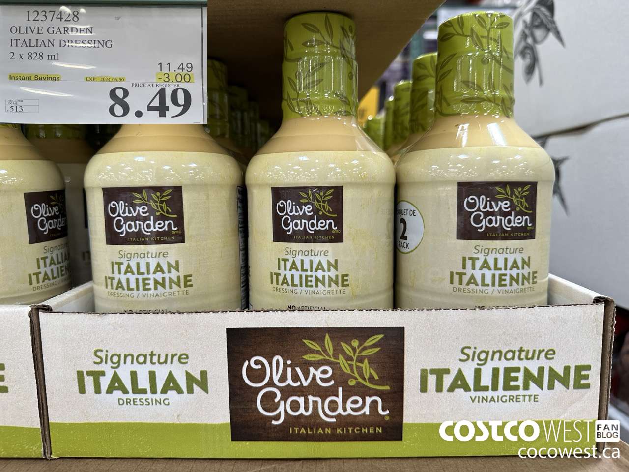 1237428 OLIVE GARDEN ITALIAN DRESSING 2 X 828ML ($3.00 INSTANT SAVINGS EXPIRES ON 2024-06-30) $8.49