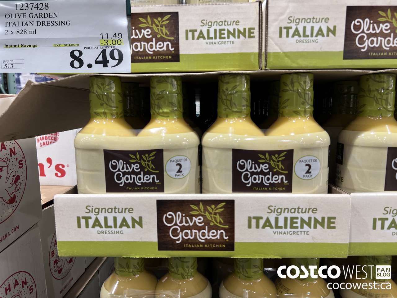 1237428 OLIVE GARDEN ITALIAN DRESSING 2 X 828ML ($3.00 INSTANT SAVINGS EXPIRES ON 2024-06-30) $8.49