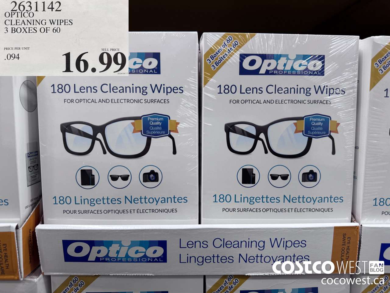 2631142 OPTICO CLEANING WIPES 3 BOXES OF 60 $16.99