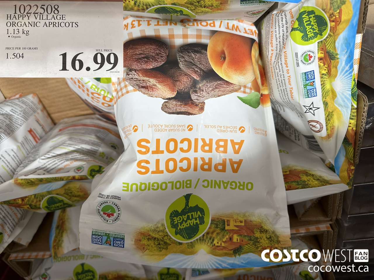 1022508 ORGANIC HAPPY VILLAGE DRIED APRICOTS 1.13KG $16.99