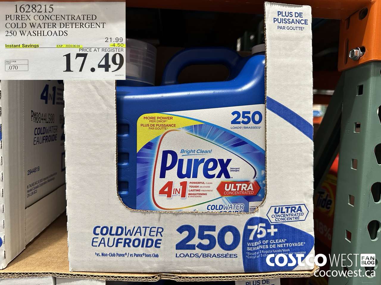 1628215 PUREX CONCENTRATED COLD WATER DETERGENT 250 WASHLOADS ($4.50 INSTANT SAVINGS EXPIRES ON 2024-06-04) $17.49