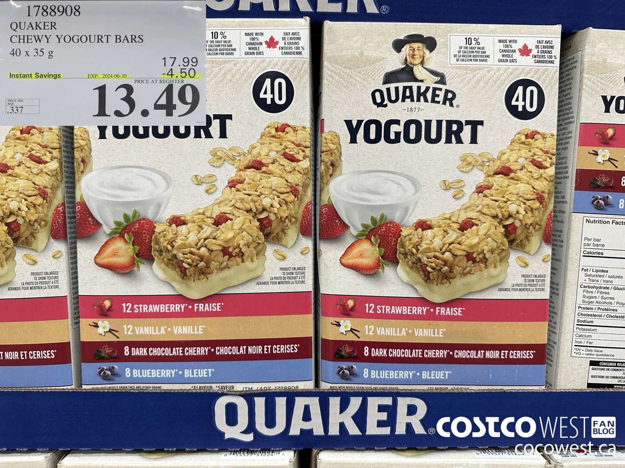 1788908 QUAKER CHEWY YOGOURT BARS 40 X 35 G ($4.50 INSTANT SAVINGS EXPIRES ON 2024-06-30) $13.49