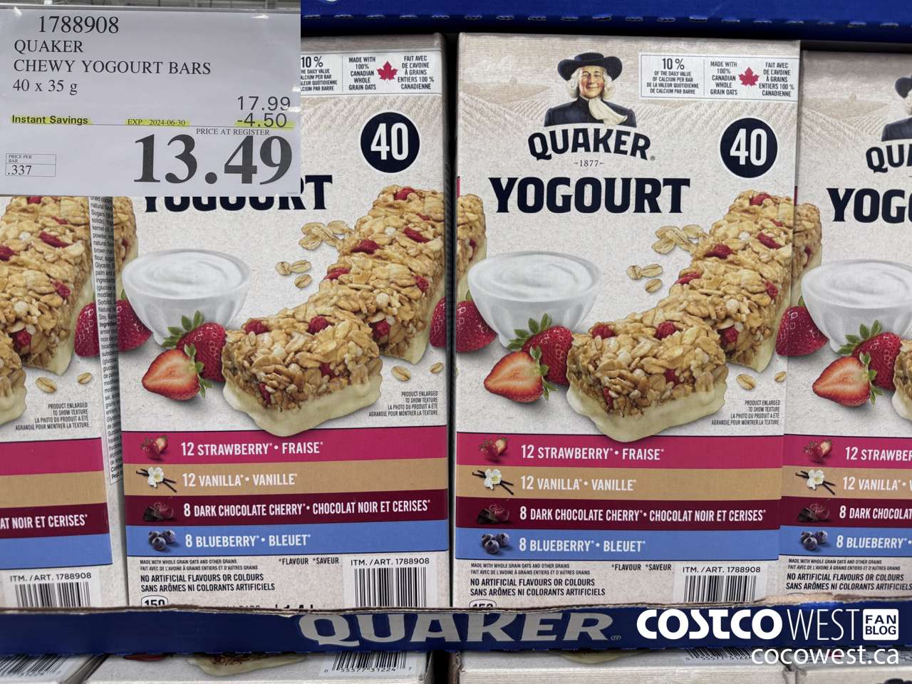 1788908 QUAKER CHEWY YOGOURT BARS 40 X 35 G ($4.50 INSTANT SAVINGS EXPIRES ON 2024-06-30) $13.49