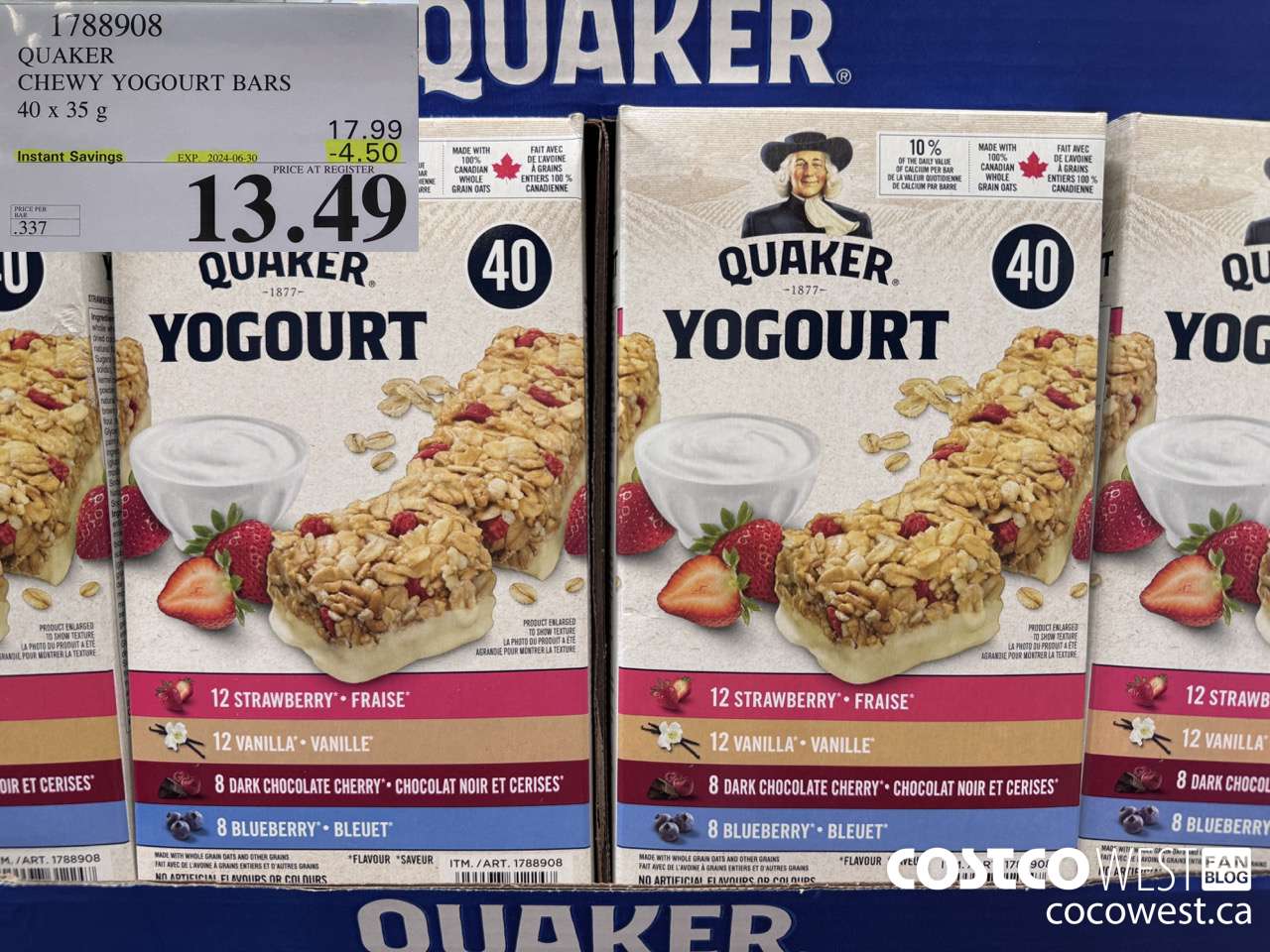 1788908 QUAKER CHEWY YOGOURT BARS 40 X 35 G ($4.50 INSTANT SAVINGS EXPIRES ON 2024-06-30) $13.49