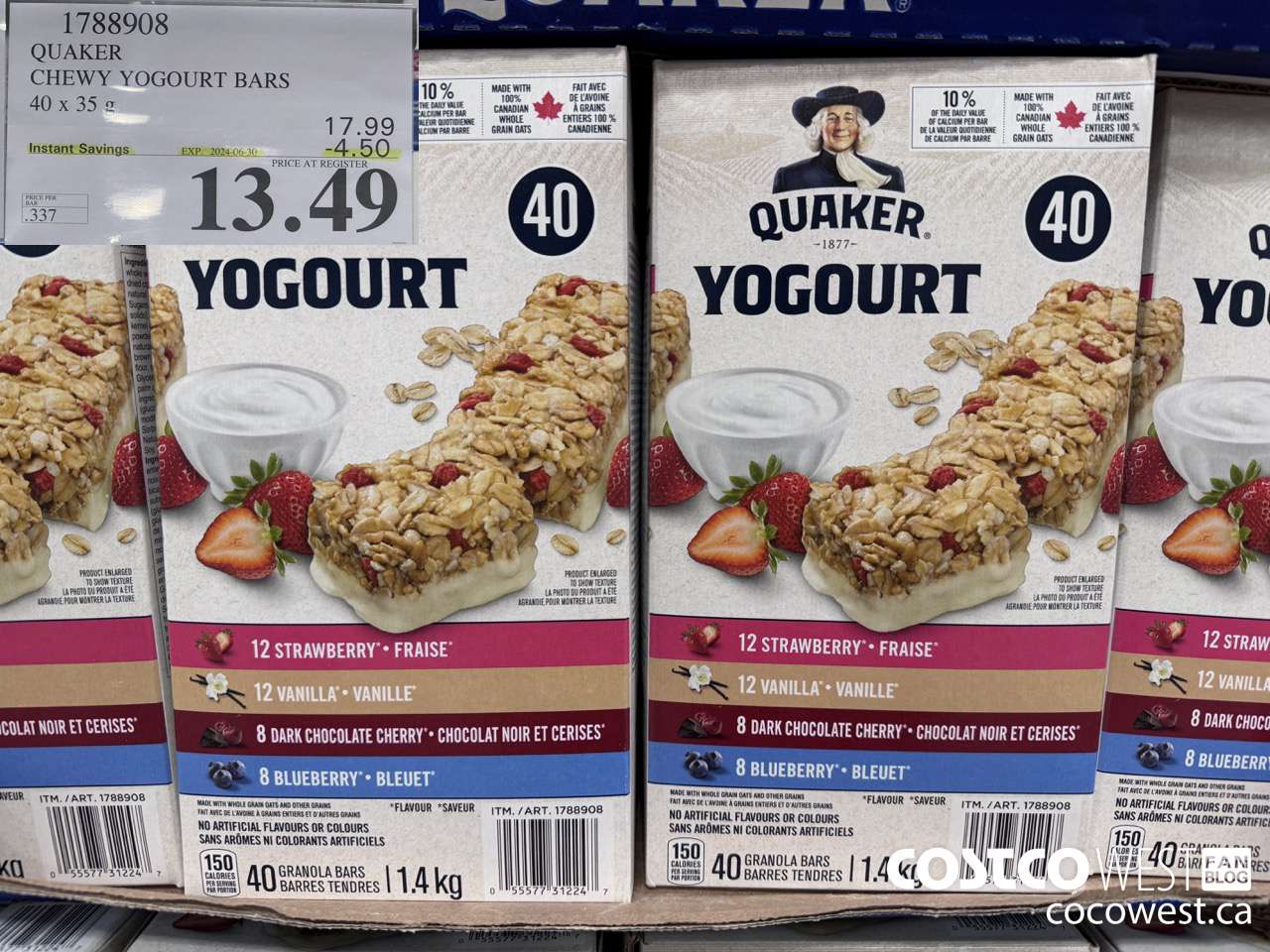 1788908 QUAKER CHEWY YOGOURT BARS 40 X 35 G ($4.50 INSTANT SAVINGS EXPIRES ON 2024-06-30) $13.49