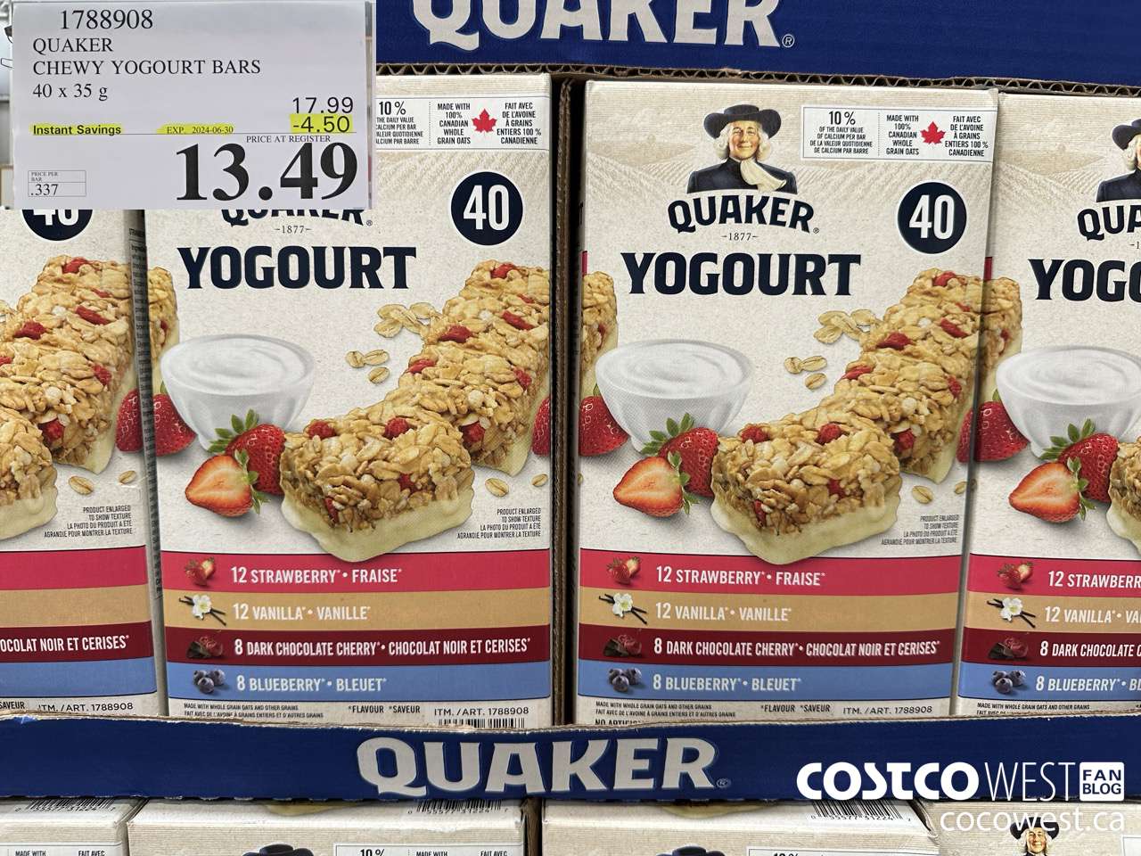 1788908 QUAKER CHEWY YOGOURT BARS 40 X 35 G ($4.50 INSTANT SAVINGS EXPIRES ON 2024-06-30) $13.49