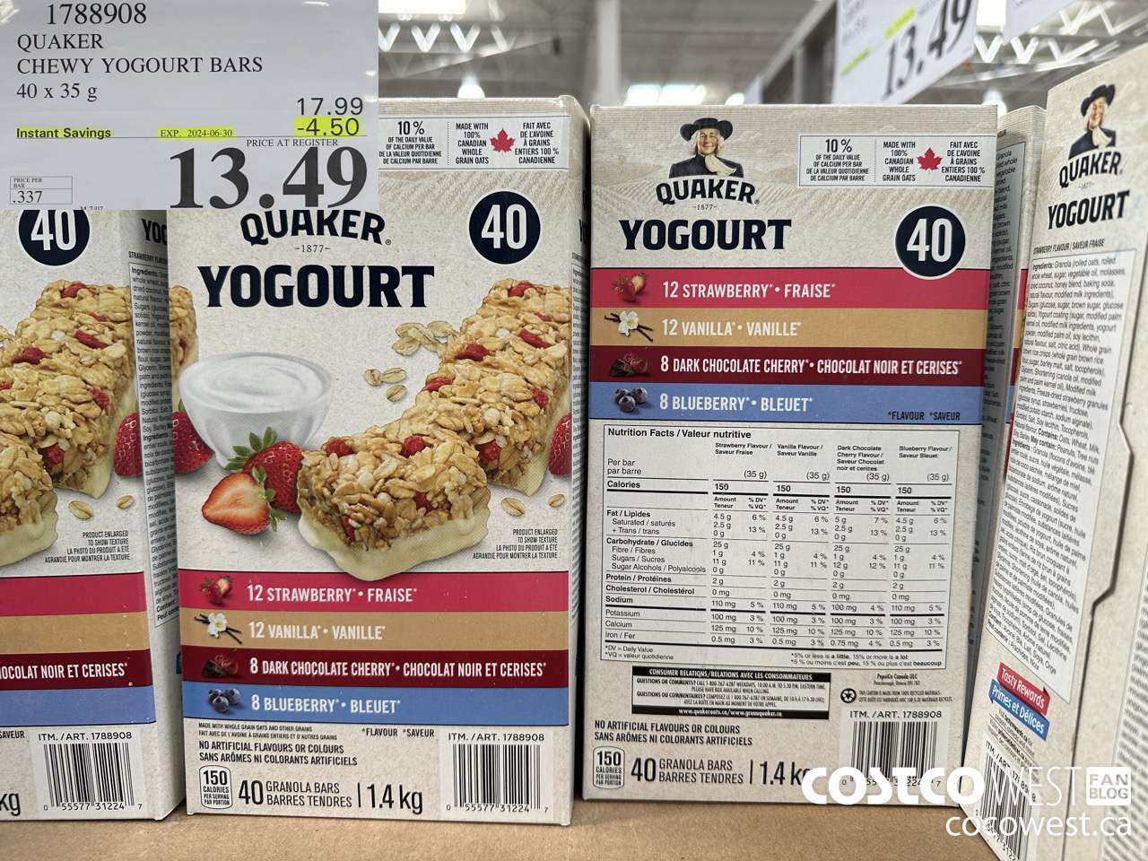 1788908 QUAKER CHEWY YOGOURT BARS 40 X 35 G ($4.50 INSTANT SAVINGS EXPIRES ON 2024-06-30) $13.49