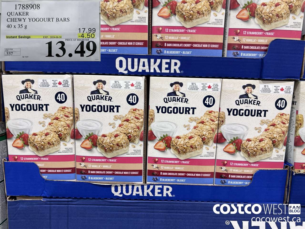 1788908 QUAKER CHEWY YOGOURT BARS 40 X 35 G ($4.50 INSTANT SAVINGS EXPIRES ON 2024-06-30) $13.49