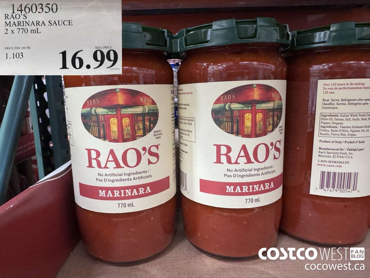 1460350 RAO'S MARINARA SAUCE 2 x 770mL $16.99