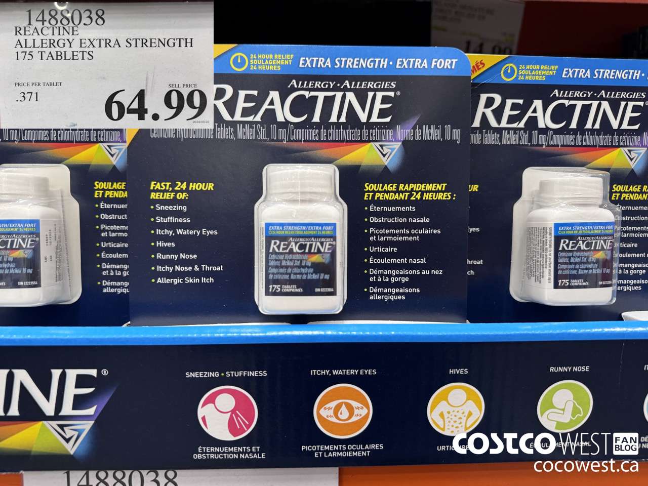 1488038 REACTINE ALLERGY EXTRA STRENGTH 175 TABLETS $64.99