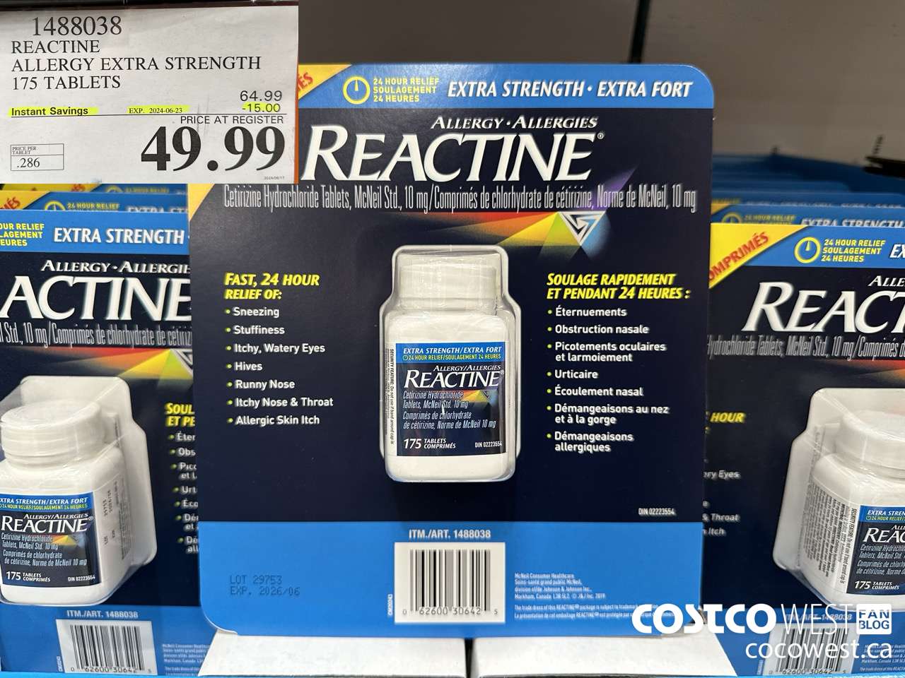 1488038 REACTINE ALLERGY EXTRA STRENGTH 175 TABLETS ($15.00 INSTANT SAVINGS EXPIRES ON 2024-06-23) $49.99