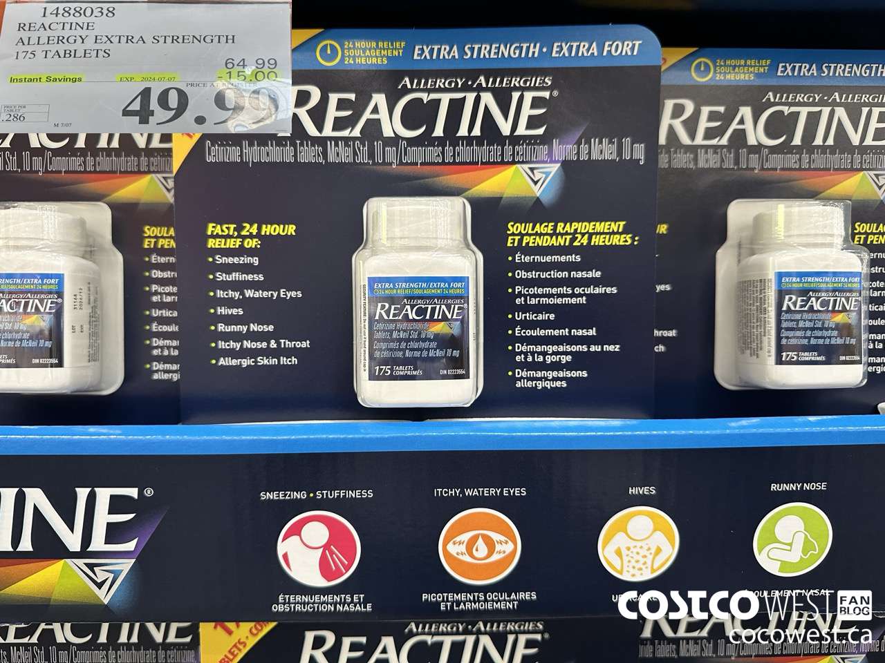 1488038 REACTINE ALLERGY EXTRA STRENGTH 175 TABLETS ($15.00 INSTANT SAVINGS EXPIRES ON 2024-07-07) $49.99